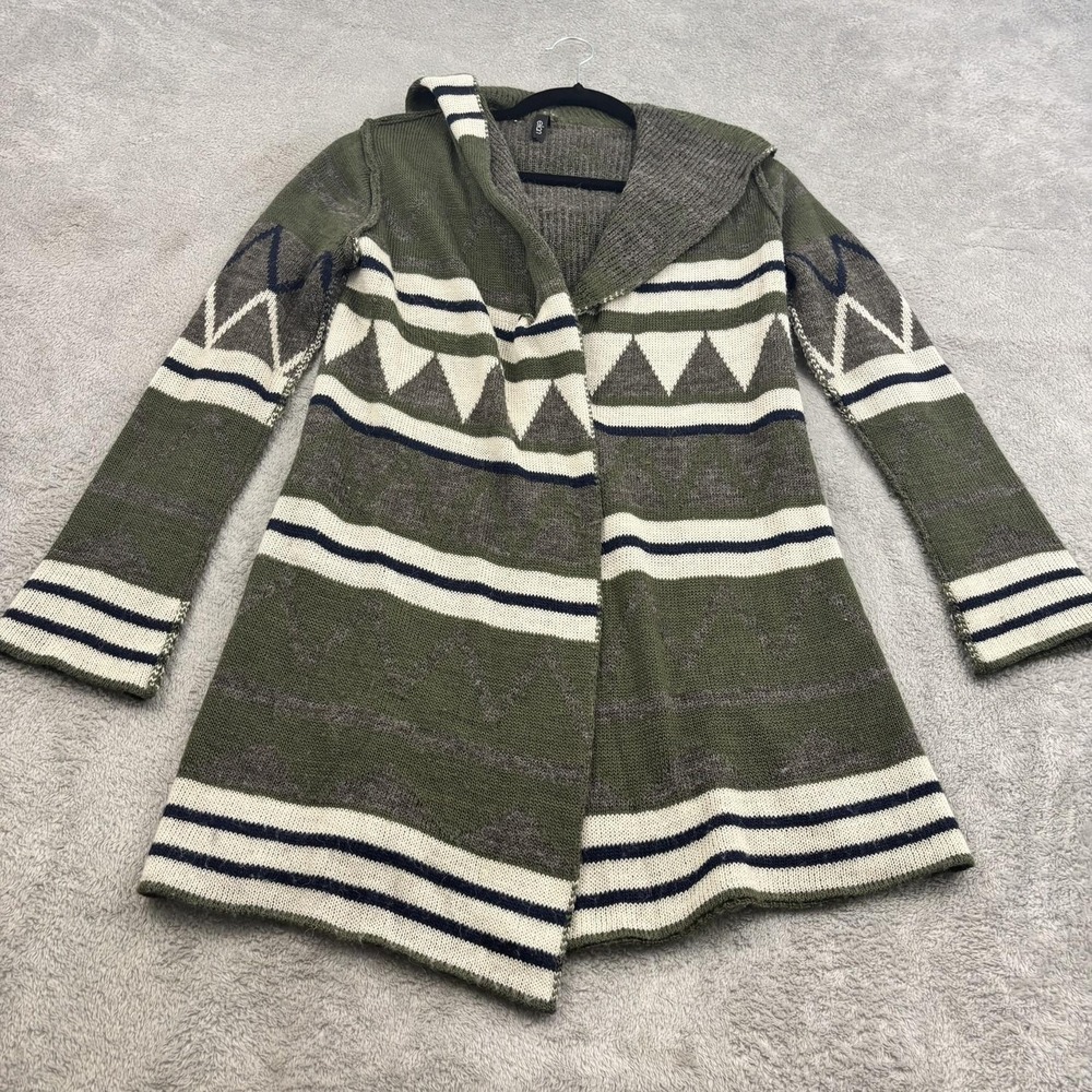 Elan Cardigan Wool Blend Sweater Womens S Olive Green Hooded Aztec Boho Goblin - Picture 1 of 16